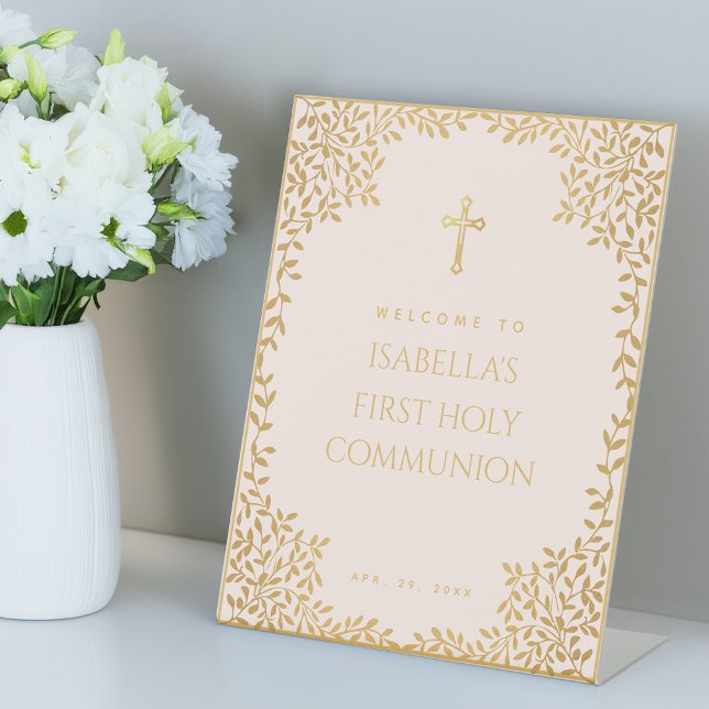 Signe De Table Première Communion Fille Rose Faux Gold Feuilles B (Créateur téléchargé)