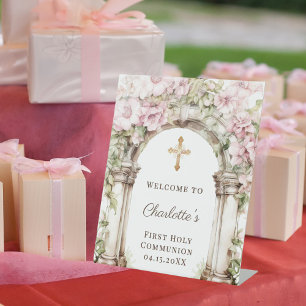 Signe De Table Première communion Fleurs roses Arche Croix de bie