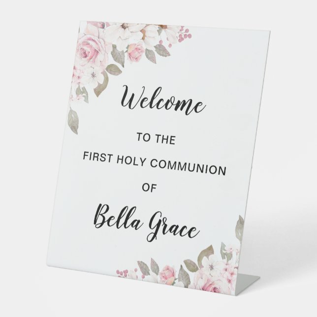 Signe De Table Première communion florale rose pâle Bienvenue (Recto)