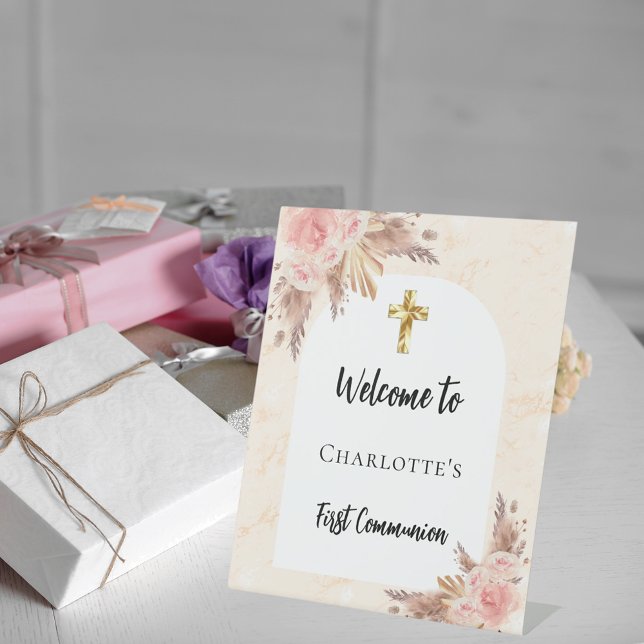 Signe De Table Première communion rose or pêche arc accueil (Créateur téléchargé)