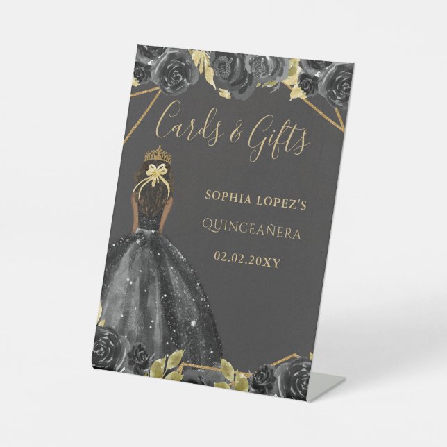 Signe De Table Princesse Florale d'or noir Quinceanera (Recto)