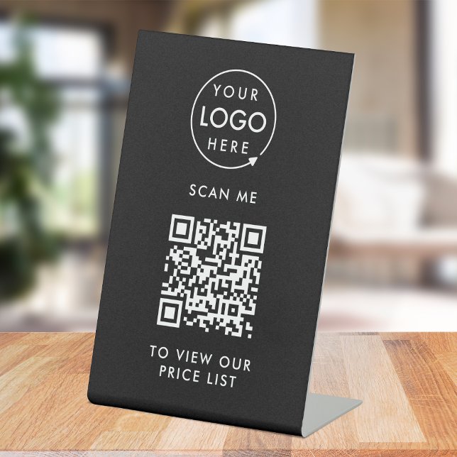 Signe De Table Prix du code QR | Black Business Logo Scan Me (Price signage for stores, salons, cafes, trade stalls, pop up shops, reception desks & more!)