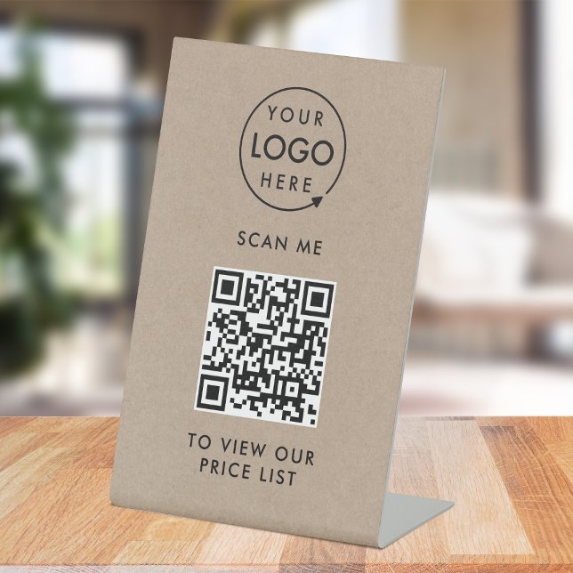 Signe De Table Prix du code QR | Logo d'entreprise Kraft Rustic (Price signage for stores, salons, cafes, trade stalls, pop up shops, reception desks & more!)