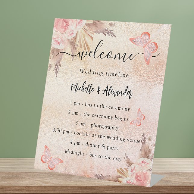 Signe De Table Programme de mariage papillon rose Pampas calendri (Créateur téléchargé)