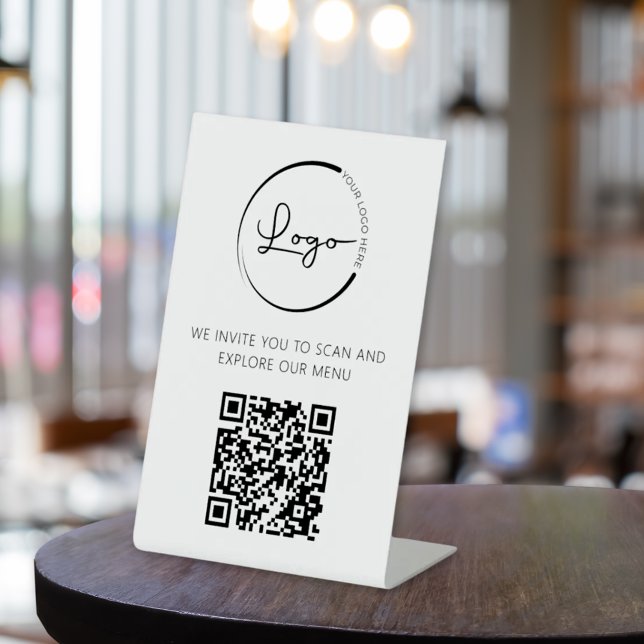 Signe De Table QR Code Menu Blanc Logo Restaurant Moderne (Créateur téléchargé)