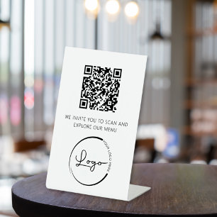 Signe De Table QR Code Menu Blanc Logo Restaurant Moderne