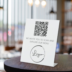 Signe De Table QR Code Menu Blanc Logo Restaurant Moderne