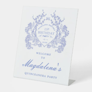 Signe De Table Quinceanera Blue Floral Crest Bienvenue