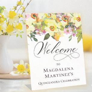 Signe De Table Quinceanera Jaune Daffodique Fleur sauvage Bienven