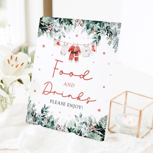Signe De Table Red Christmas Père Noël Baby shower Nourriture et  (Watercolor Red Christmas Santa Baby Shower Food and Drinks Pedestal Sign)