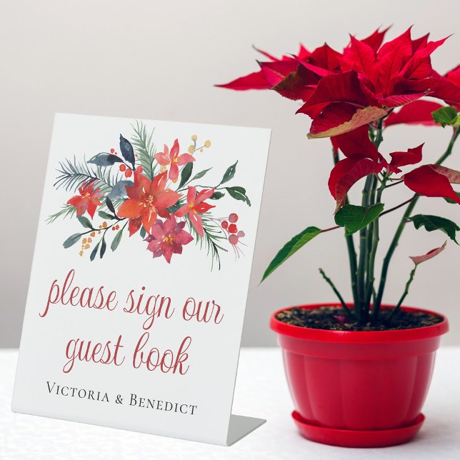 Signe De Table Red Christmas Poinsettia Floral Mariage livre d'hô (Créateur téléchargé)