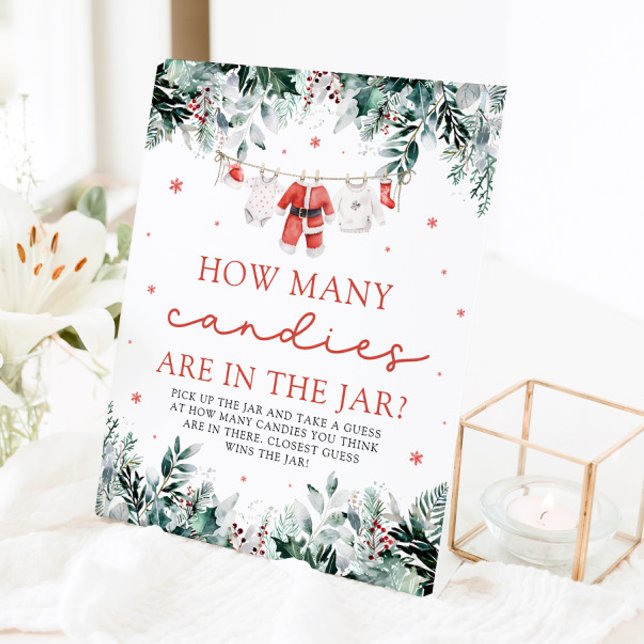 Signe De Table Red Père Noël Baby Devine Combien de bonbons Baby  (Watercolor Red Santa Baby Guess How Many Candies Baby Shower Pedestal Sign)