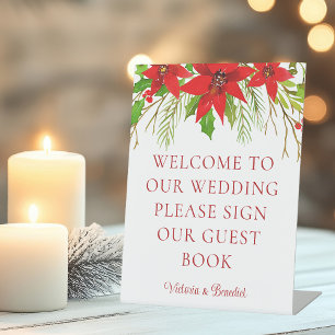 Signe De Table Red Poinsettia Floral Holiday Mariage Livre d'or