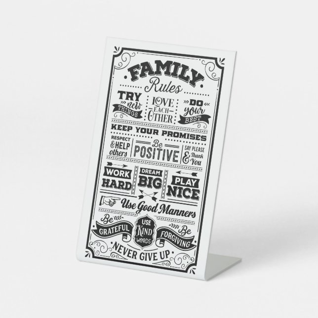 Signe De Table Règles de famille Noir et Blanc (Recto)