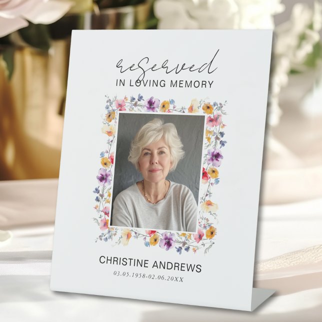 Signe De Table Reserved Seat - Wildflower Photo Memorial Wedding  (Reserved Seat - Wildflower Photo Memorial Wedding Pedestal Sign)