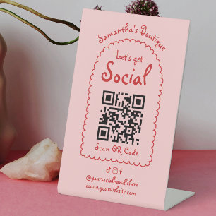 Signe De Table Retro Rouge rose manuscrit Girl Social QR Code