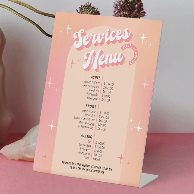 Signe De Table Retro tendance Salon de Beauté Féminine Prix Menu (Retro business price list pedestal sign featuring groovy fonts and pastel peach and pink color)