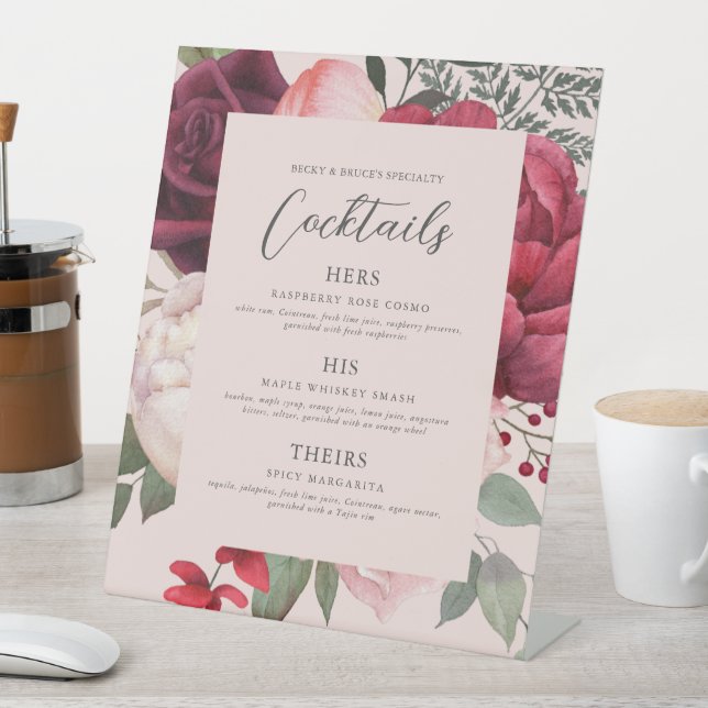 Signe De Table Romantic Pink Florals Bridal Bouquet Bar Menu (In SItu)