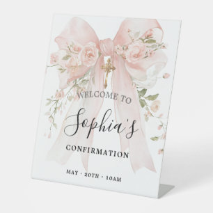 Signe De Table Rose Fleur de fille de confirmation au ruban rose