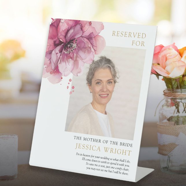 Signe De Table Rose Floral Réservé Enregistrer Un Siège Photo Mar (Pink Floral Reserved Save A Seat Photo Wedding Pedestal Sign)