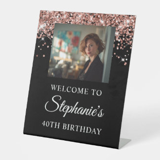 Signe De Table Rose Gold Glitter Black Photo 40th Birthday