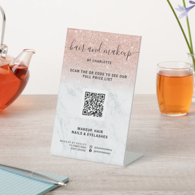 Signe De Table Rose gold pailleté marbre maquillage numérique QR  (In SItu)