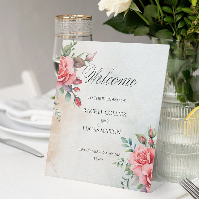 Signe De Table Roses roses romantiques et calligraphie Bienvenue (Créateur téléchargé)