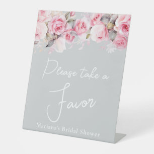 Signe De Table Roses roses sur Faveur de Mariage Floral Gris