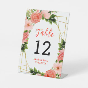 Signe De Table Roses rouges corail avec feuillage