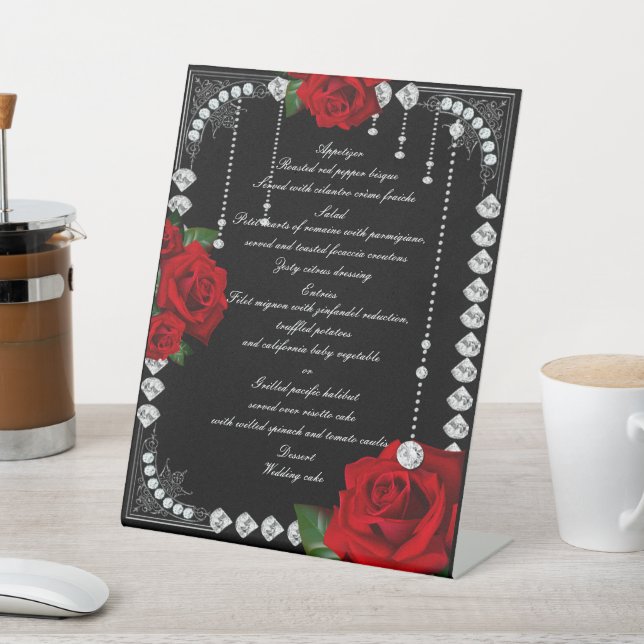 Signe De Table Roses Rouges Romantiques Et Diamants Menu Mariage (In SItu)