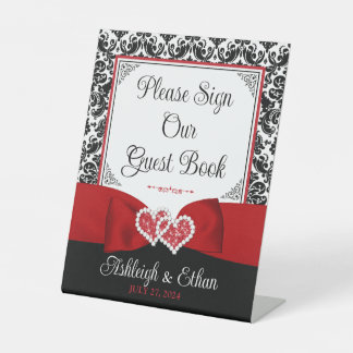 Signe De Table Rouge, Noir, Blanc Damas Amour Coeurs Mariage