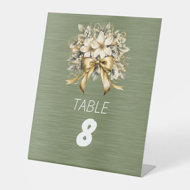 Signe De Table Ruban d'or blanc à feuille verte d'hiver (Recto)
