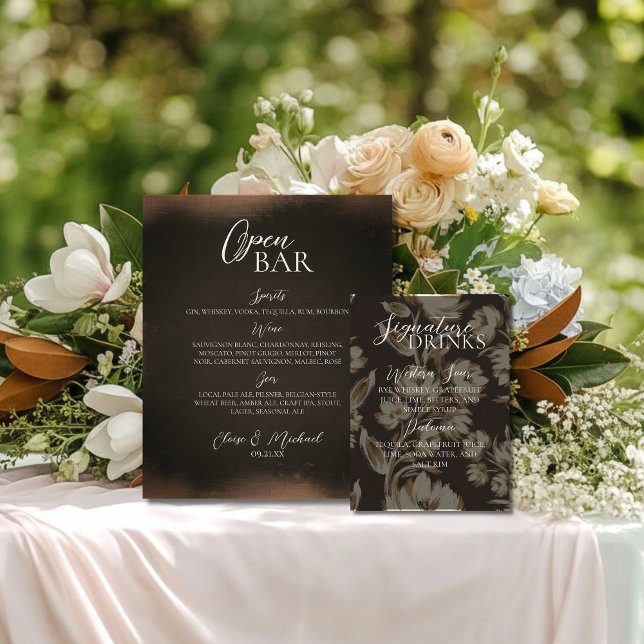 Signe De Table Rustic Brown Floral Signature Drink Wedding  (Give your open bar and added touch of elegance with this Rustic Brown Bar Sign!)