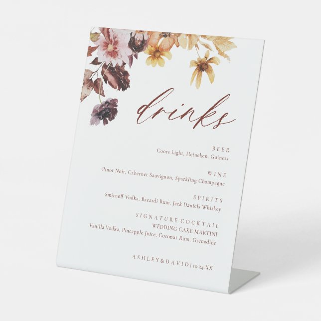 Signe De Table Rustic Fall Floral Mariage Menu Boisson (Recto)