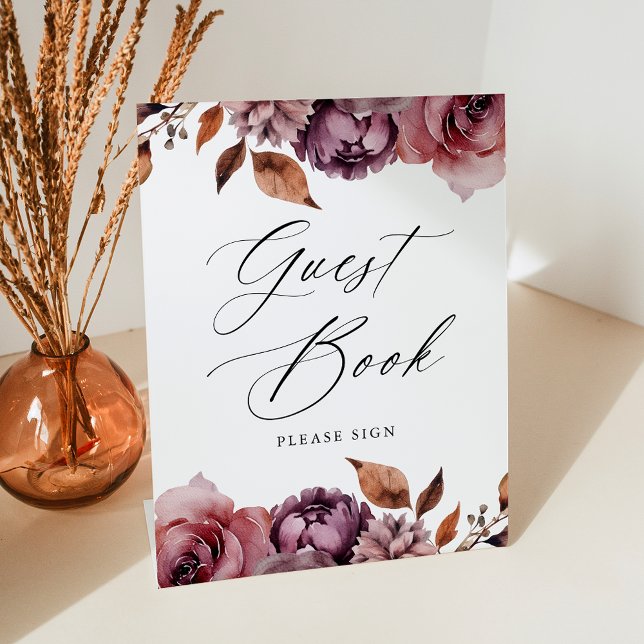 Signe De Table Rustique Automne Marsala Floral Mariage Livre d'in (Créateur téléchargé)