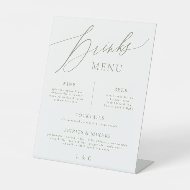 Signe De Table Sage Green Calligraphy Mariage Bar Boisson Menu (Recto)