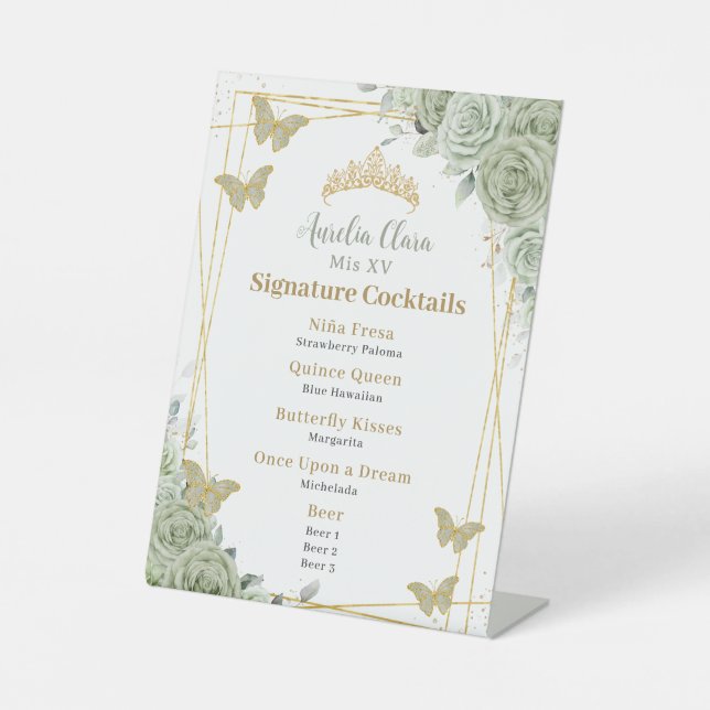 Signe De Table Sage Green Floral Quinceanera Bar Cocktail Menu (Recto)