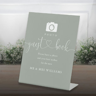 Signe De Table Sage Green Heart Script Photo Livre d'invité