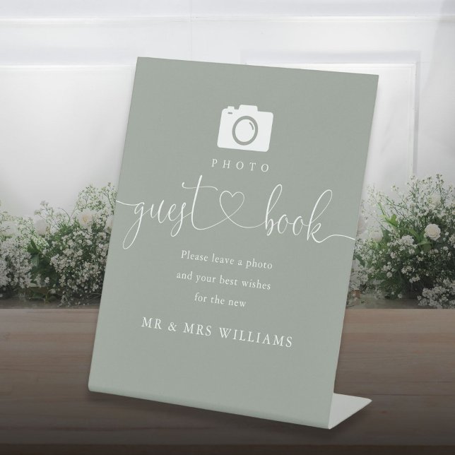Signe De Table Sage Green Heart Script Photo Livre d'invité (Sage Green Heart Script Photo Guest Book Pedestal Sign)