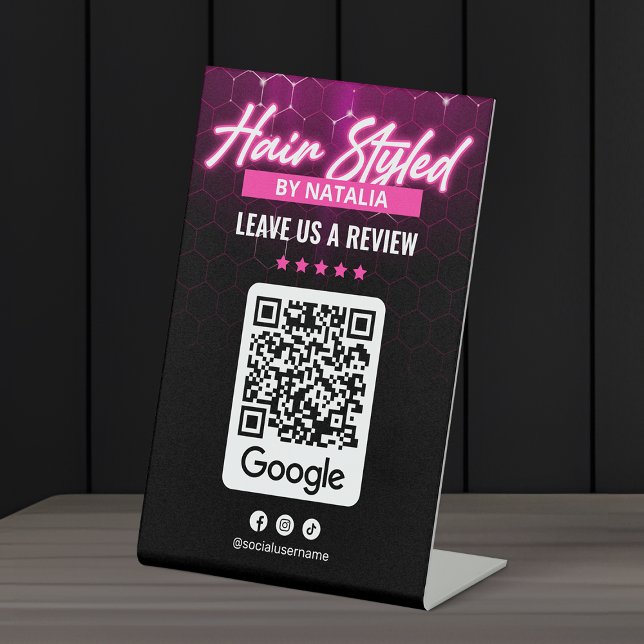 Signe De Table Salon de cheveux rose moderne Google Avis QR Code (Créateur téléchargé)