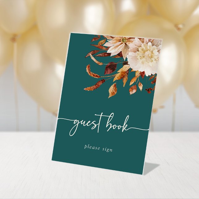 Signe De Table Sarcelle d'automne rustique (Rustic Fall Floral Teal Guest Book Table Top Pedestal Sign
by Painted Paperie)