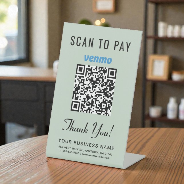 Signe De Table Scan to Pay Venmo QR Code Sage Green (Scan to Pay Venmo QR Code Sage Green Pedestal Sign)