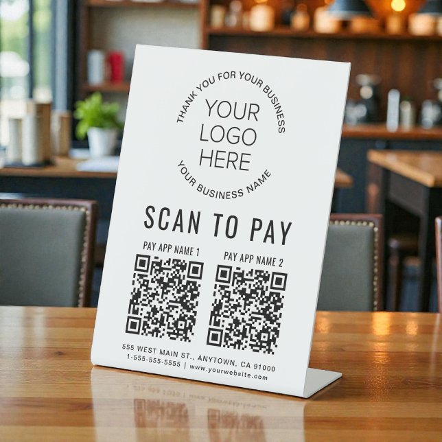 Signe De Table Scanner pour payer 2 codes QR Logo d'entreprise (Scan to Pay 2 QR Codes Business Logo Pedestal Sign)