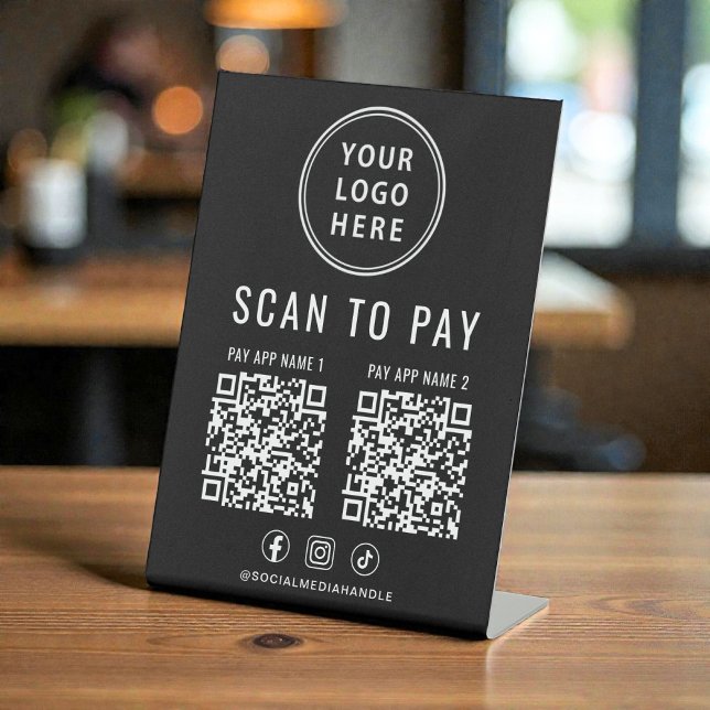 Signe De Table Scanner pour payer 2 codes QR Logo d'entreprise No (Scan to Pay 2 QR Codes Business Logo Black Pedestal Sign)