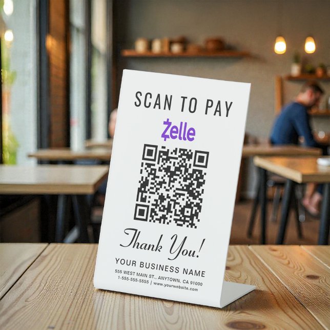 Signe De Table Scanner pour payer le code QR Zelle (Scan to Pay Zelle QR Code Pedestal Sign)