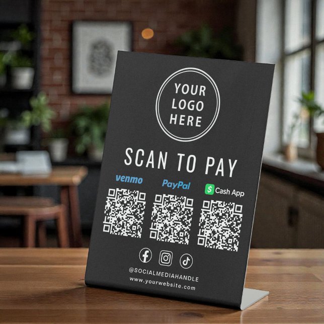 Signe De Table Scanner pour payer les codes QR Logo Paypal Venmo  (Scan to Pay Paypal Venmo CashApp QR Codes Logo Pedestal Sign)