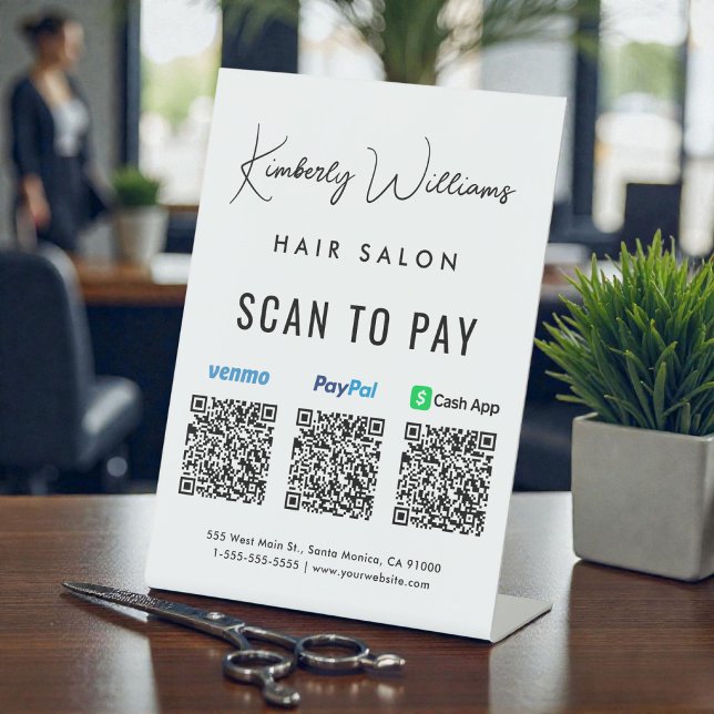 Signe De Table Scanner pour payer Paypal Venmo CashApp Code QR En (Scan to Pay Paypal Venmo CashApp QR Code Business Pedestal Sign)
