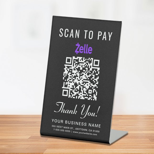 Signe De Table Scannez pour payer le code QR Zelle noir (A QR code sign to effortlessly connect your customers to your payment platform)