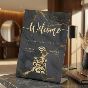 Signe De Table Script d'accueil élégant WIFI Marbre noir Agate