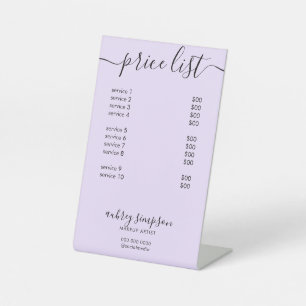 Signe De Table Script de service de liste de prix clair violet